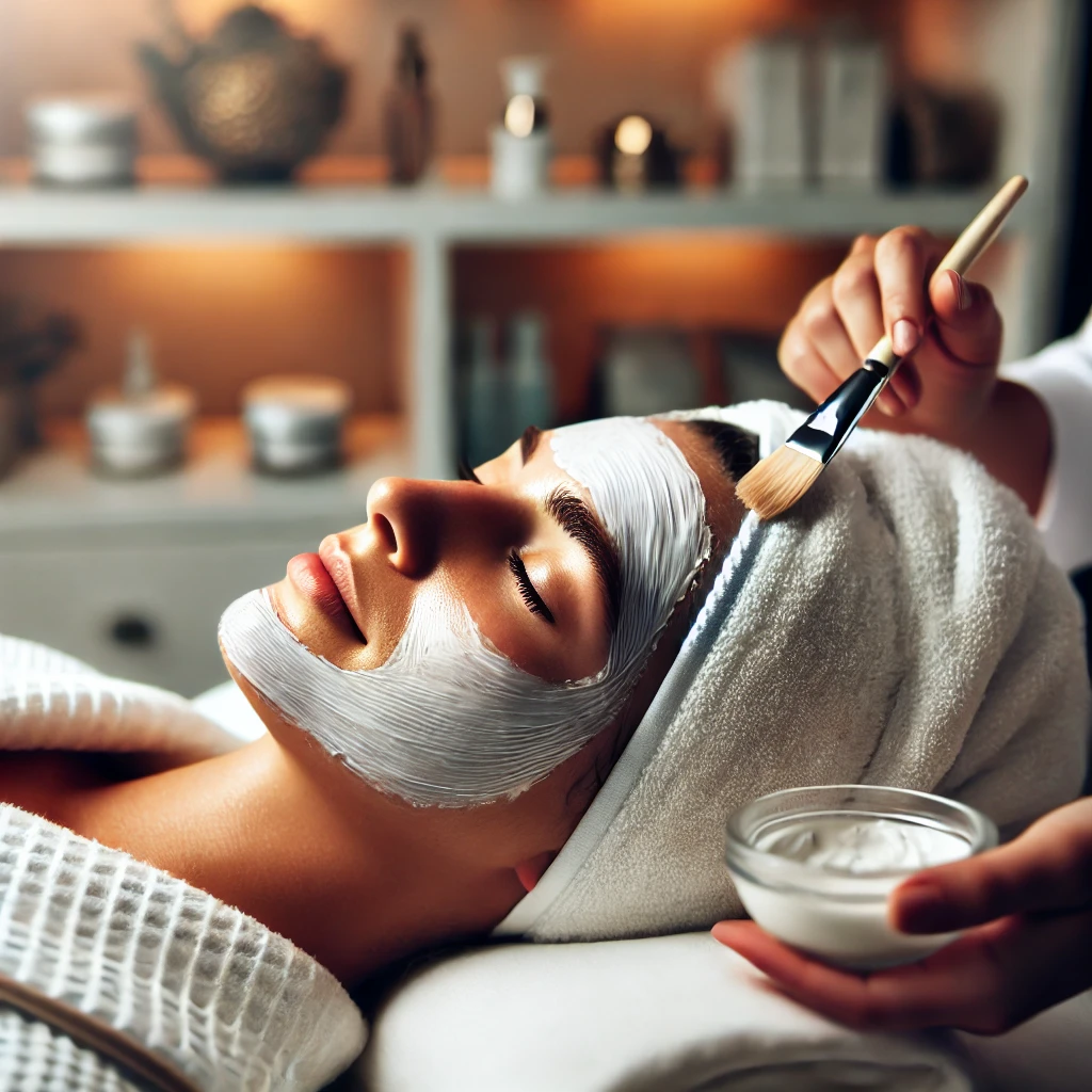 Soin esthétique du visage - Application d'un masque par une professionnelle